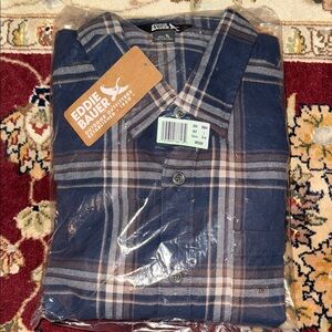 Eddie Bauer Men's Navy and Tan Plaid Shirt NWT, sealed in bag